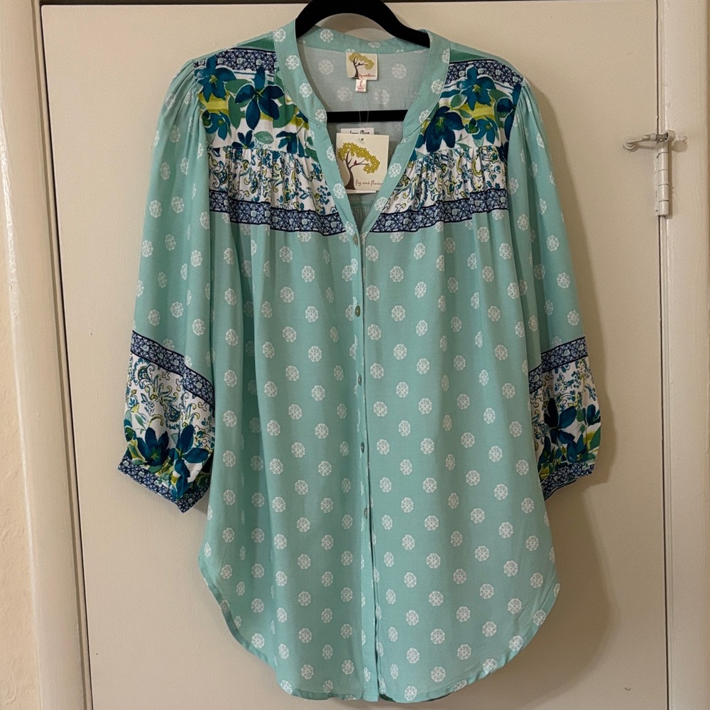 Fig and Flower Teal Floral Blouse